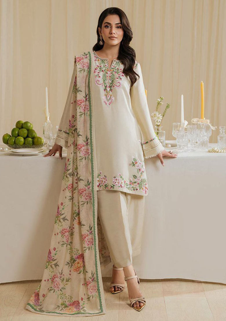 Cream Embroidered Blended Pakistani Suit Set