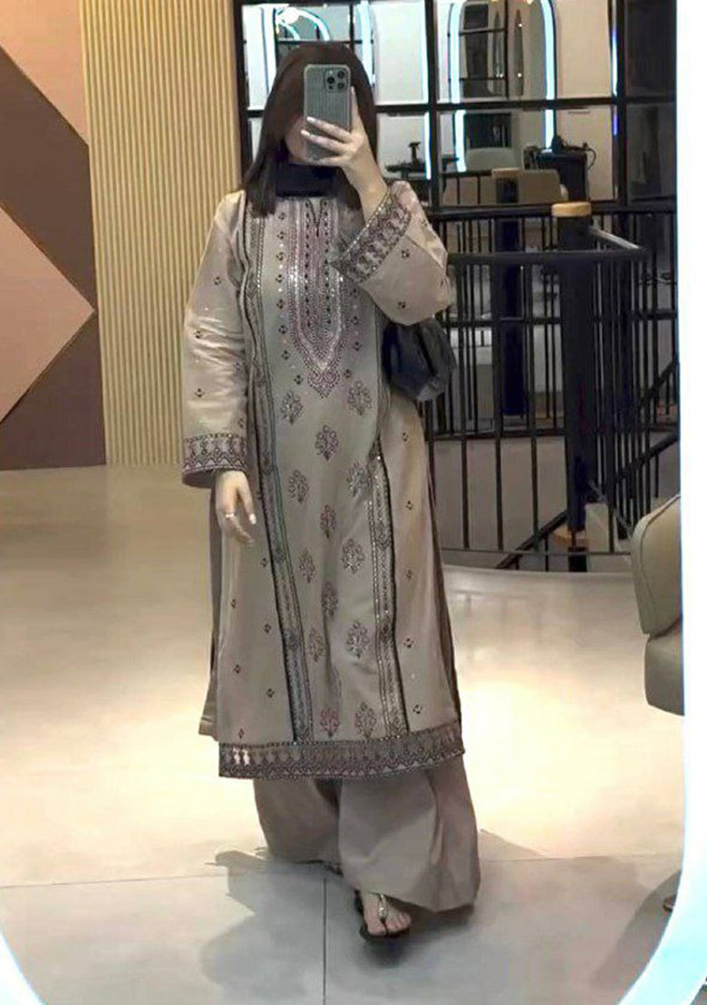Brown Embroidered Blended Pakistani Suit Set