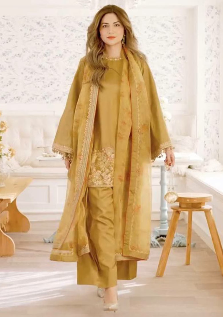 Brown Embroidered Blended Pakistani Suit Set