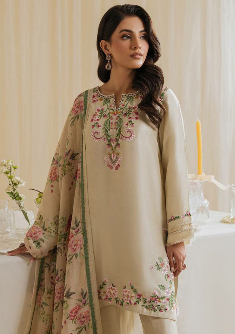 Cream Embroidered Blended Pakistani Suit Set