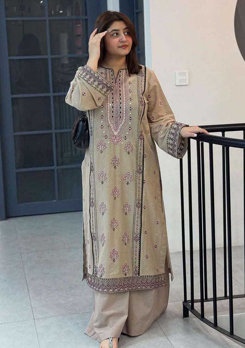 Brown Embroidered Blended Pakistani Suit Set