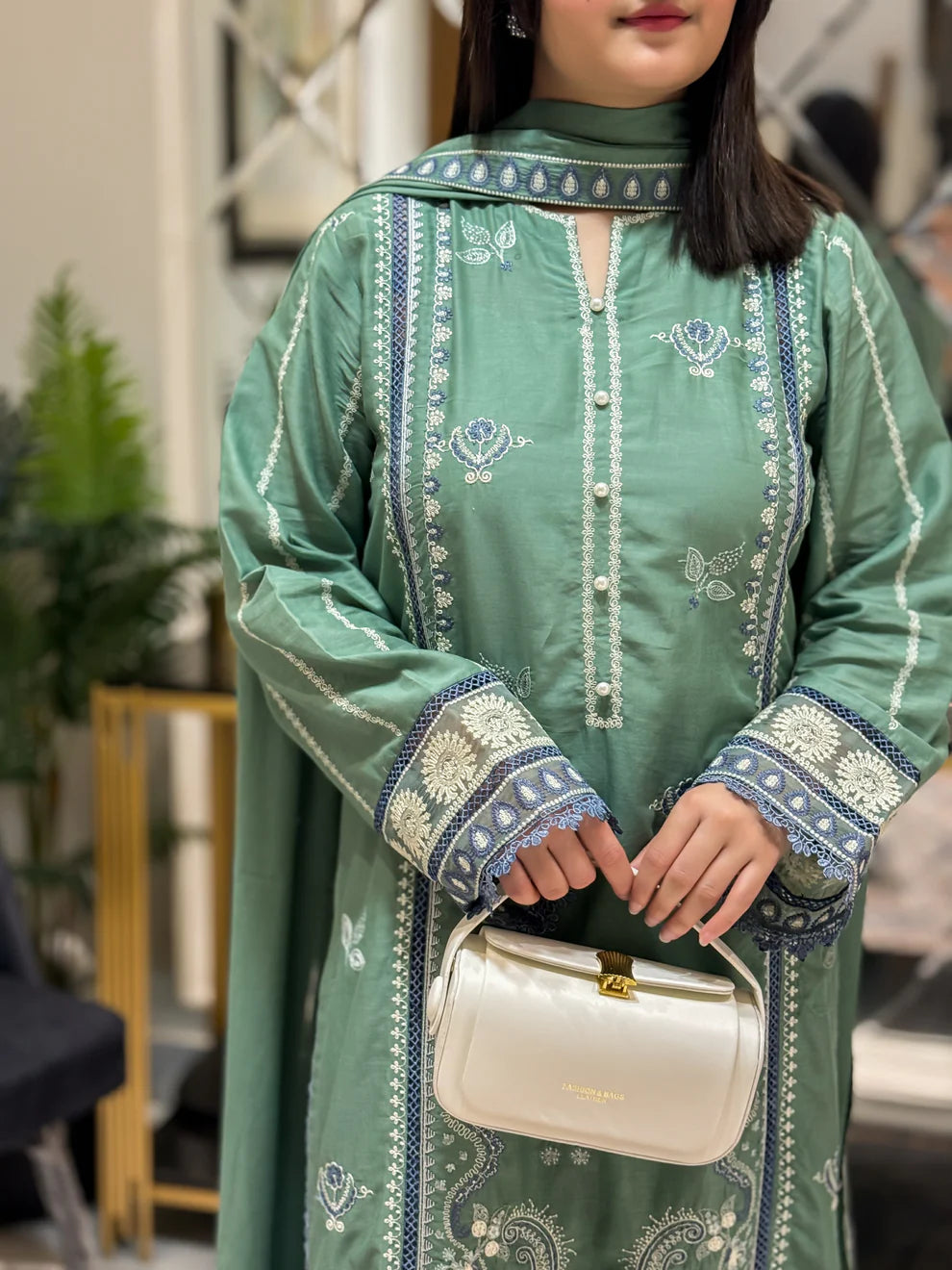 Elegant Sage Green Embroidered Summer Lawn Suit with Matching Dupatta