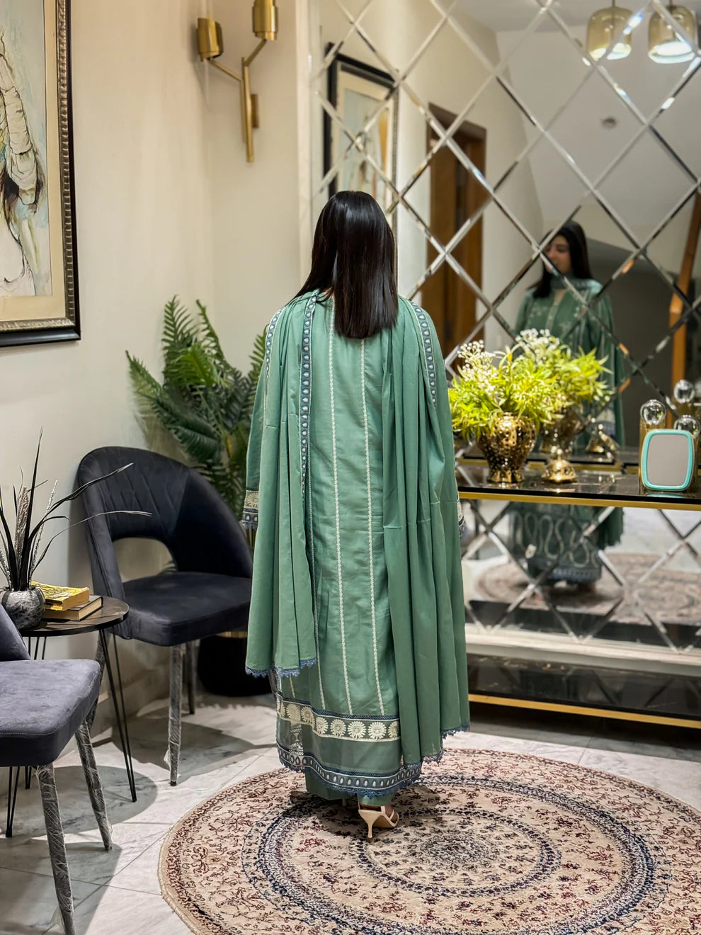 Elegant Sage Green Embroidered Summer Lawn Suit with Matching Dupatta