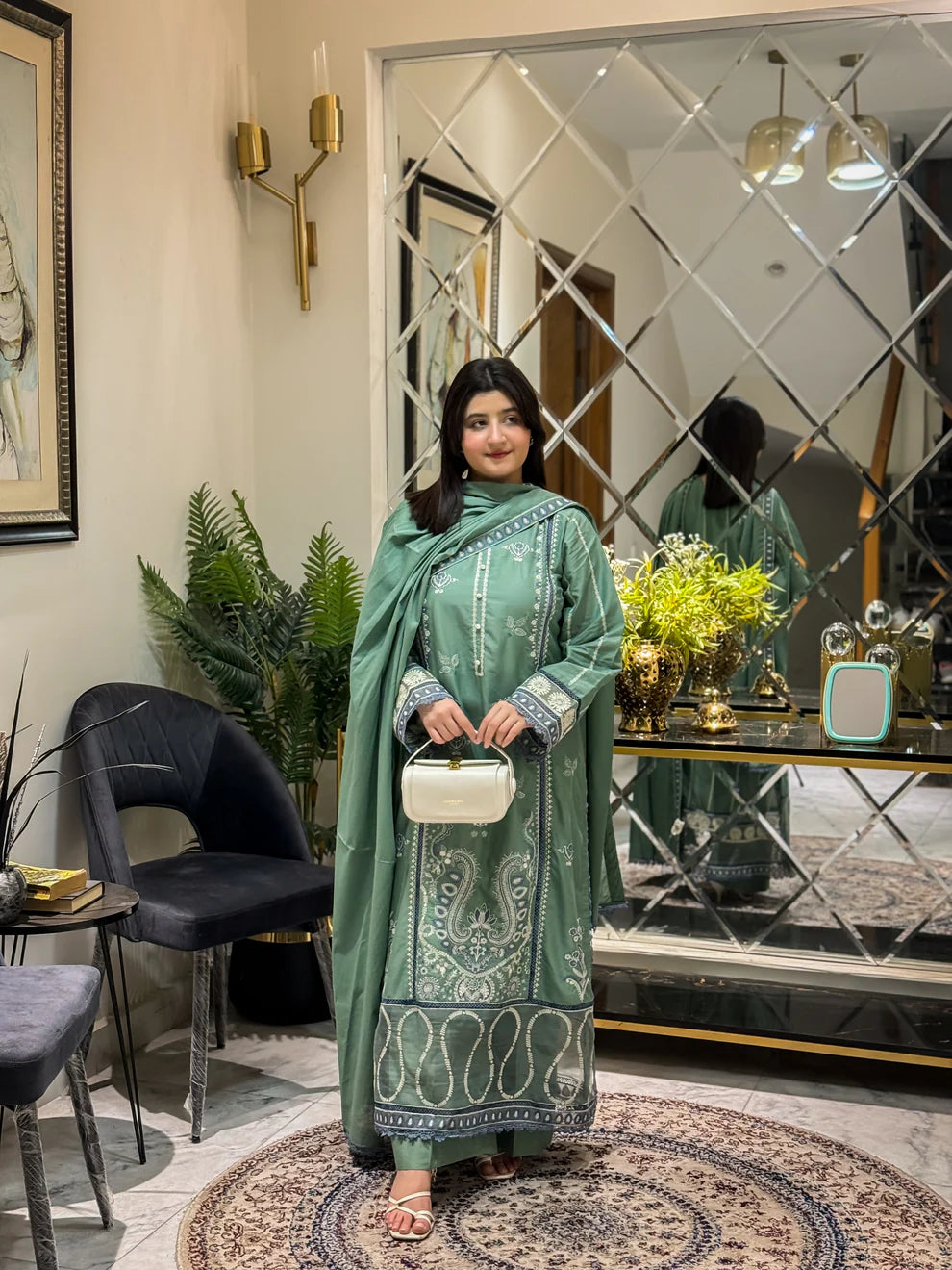 Elegant Sage Green Embroidered Summer Lawn Suit with Matching Dupatta