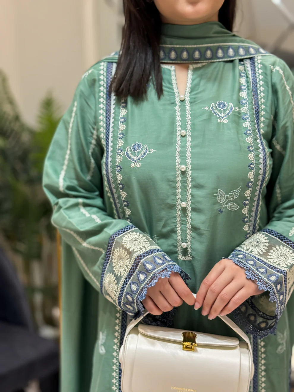 Elegant Sage Green Embroidered Summer Lawn Suit with Matching Dupatta