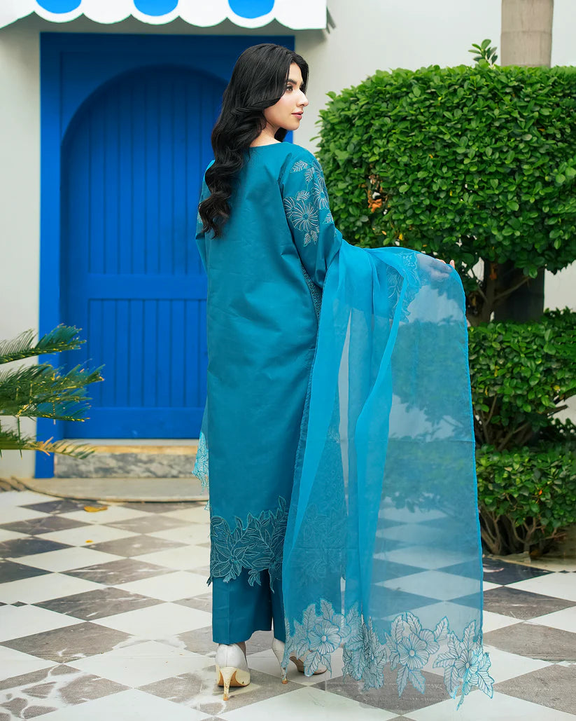 Elegant Teal Blue Embroidered Summer Lawn Suit with Net Dupatta
