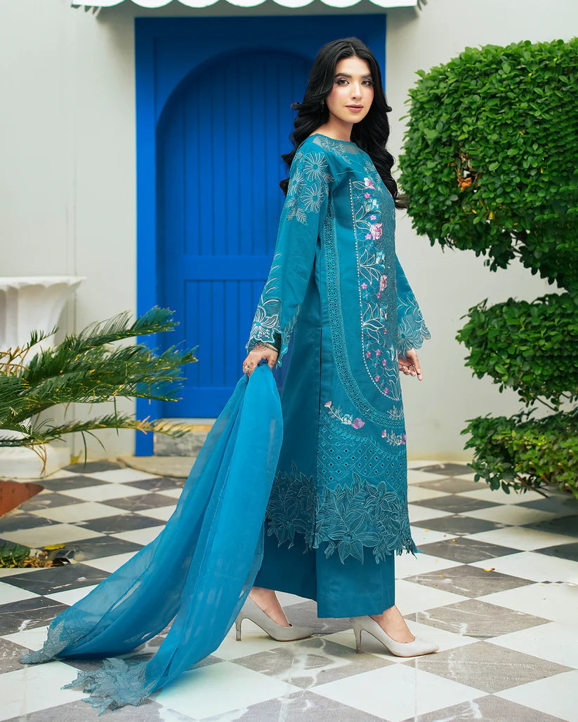 Elegant Teal Blue Embroidered Summer Lawn Suit with Net Dupatta