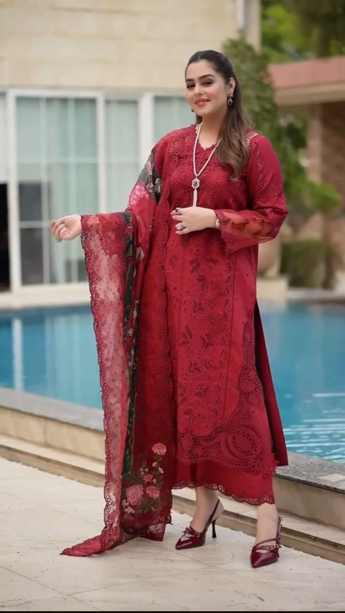 3PC Lawn Red Embroidered Suit Set